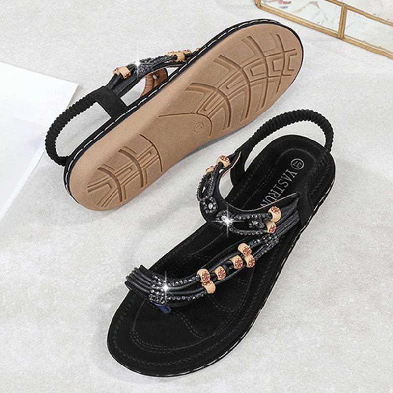 Damen Bohemian Weave Strass Elastic Band Soft Casual Sandalen