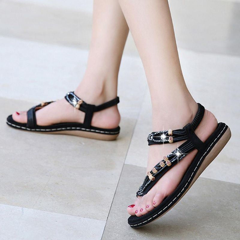 Damen Bohemian Weave Strass Elastic Band Soft Casual Sandalen