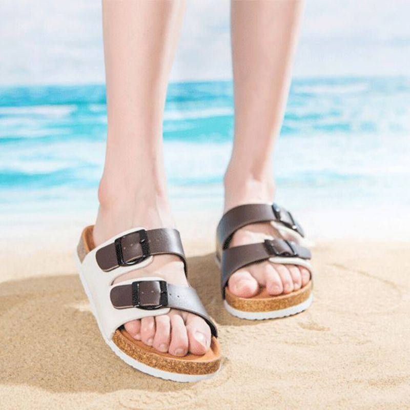 Damen Casual Beach Dual Strap Buckle Open Toe Soft Cork Sandalen