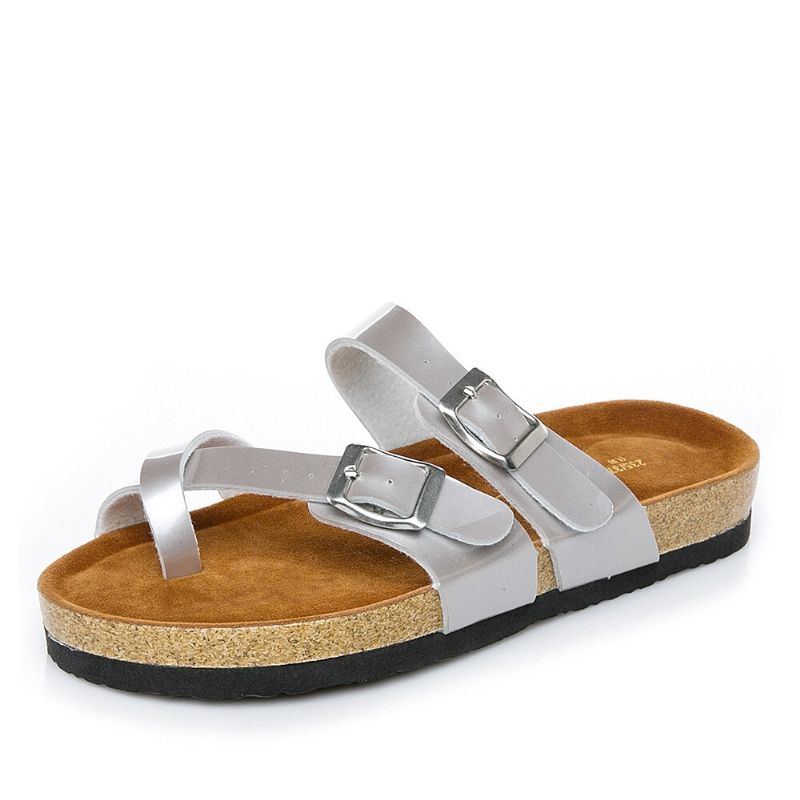 Damen Doppelschnallenriemen Bequeme Strand Flip Flops Flache Kork Sandalen