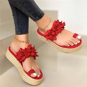 Damen Espadrilles Blumenverzierung Zehenring Lässige Strand Plateau Sandalen