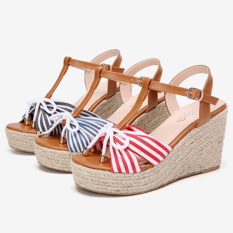 Damen Espadrilles Gestreifter T Riemen Kreuzriemen Lässige Strand Sandalen Mit Keilabsatz