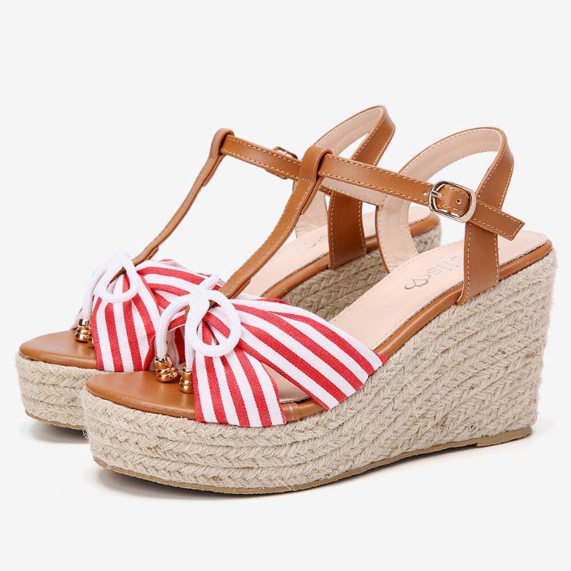 Damen Espadrilles Gestreifter T Riemen Kreuzriemen Lässige Strand Sandalen Mit Keilabsatz