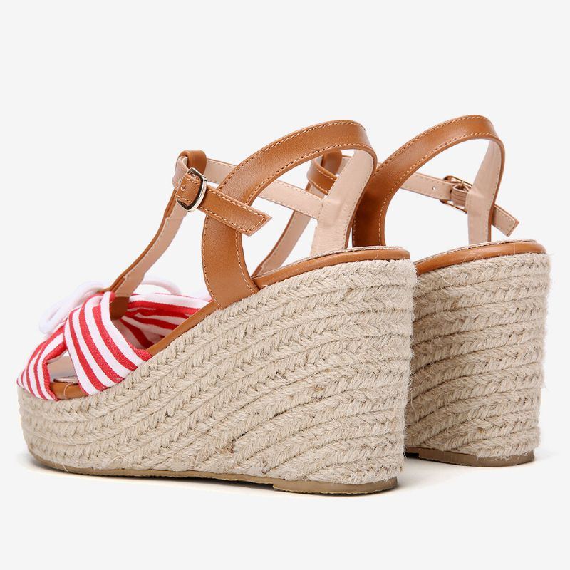 Damen Espadrilles Gestreifter T Riemen Kreuzriemen Lässige Strand Sandalen Mit Keilabsatz