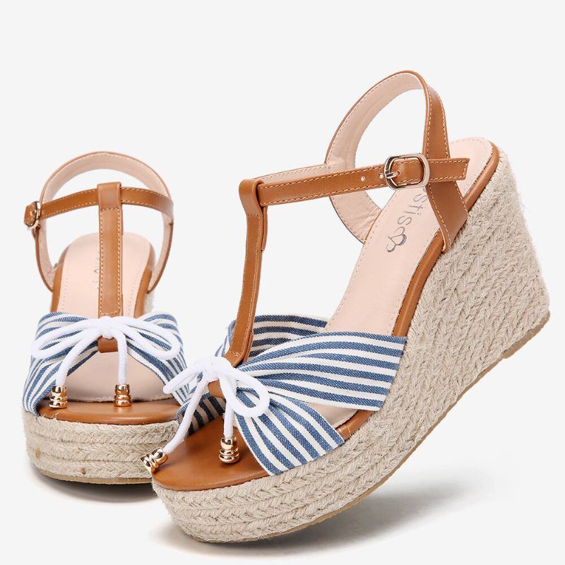 Damen Espadrilles Gestreifter T Riemen Kreuzriemen Lässige Strand Sandalen Mit Keilabsatz