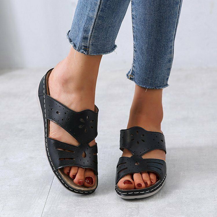 Damen Hohle Bequeme Rutschfeste Lässige Slip On Sandalen Mit Keilabsatz