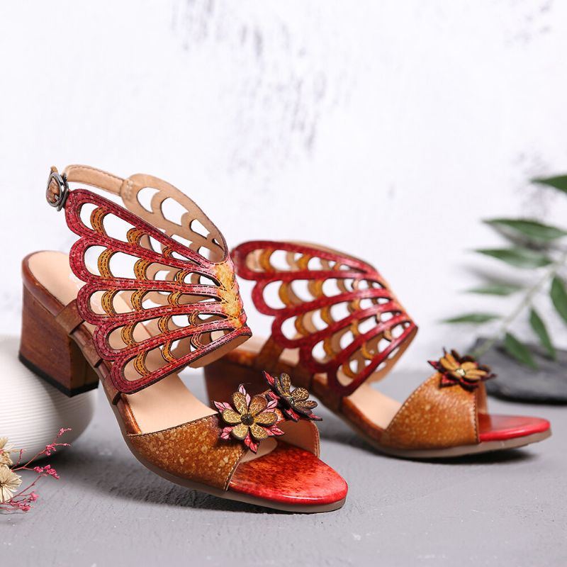 Damen Leder Blumen Ausschnitte Schmetterlingsflügel Schnalle Slingback Blockabsatz Sandalen