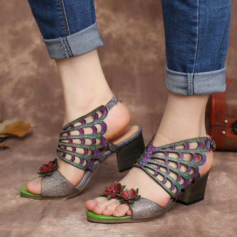 Damen Leder Blumen Ausschnitte Schmetterlingsflügel Schnalle Slingback Blockabsatz Sandalen