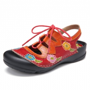 Damen Leder Mit Blumenspleißen Ziernähten Schnürung Slingback Mules Clogs Flache Sandalen