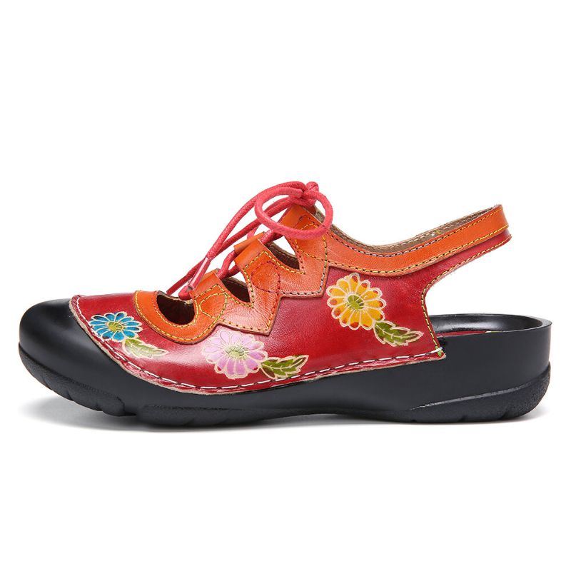 Damen Leder Mit Blumenspleißen Ziernähten Schnürung Slingback Mules Clogs Flache Sandalen