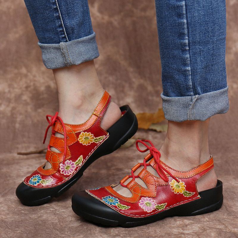 Damen Leder Mit Blumenspleißen Ziernähten Schnürung Slingback Mules Clogs Flache Sandalen