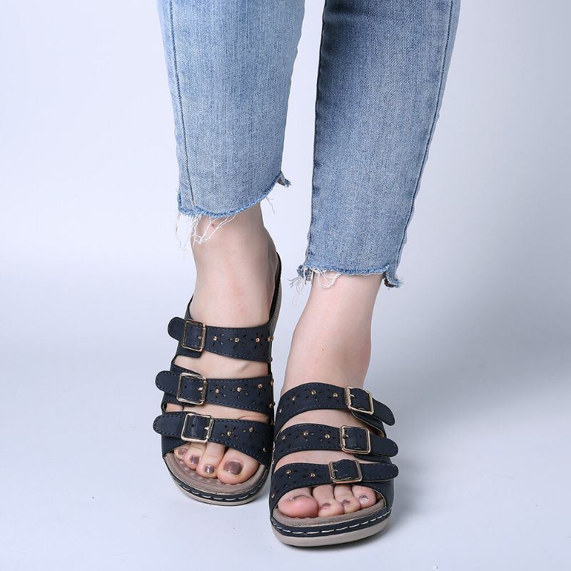 Damen Open Toe Buckle Beach Wedges Casual Slide Sandalen