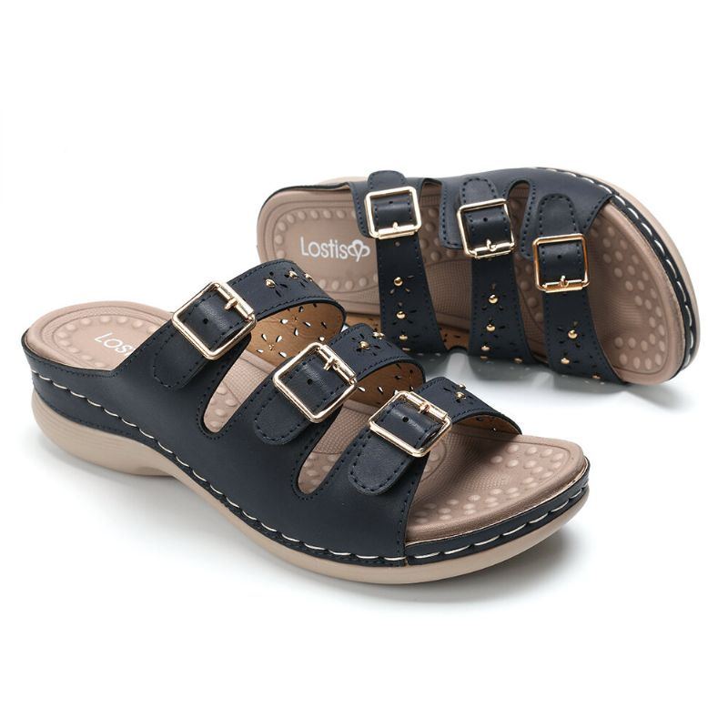 Damen Open Toe Buckle Beach Wedges Casual Slide Sandalen