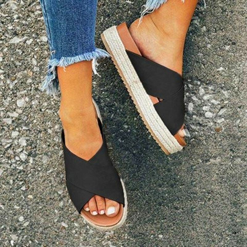 Damen Open Toe Espadrilles Cross Belt Sommer Plateau Sandalen