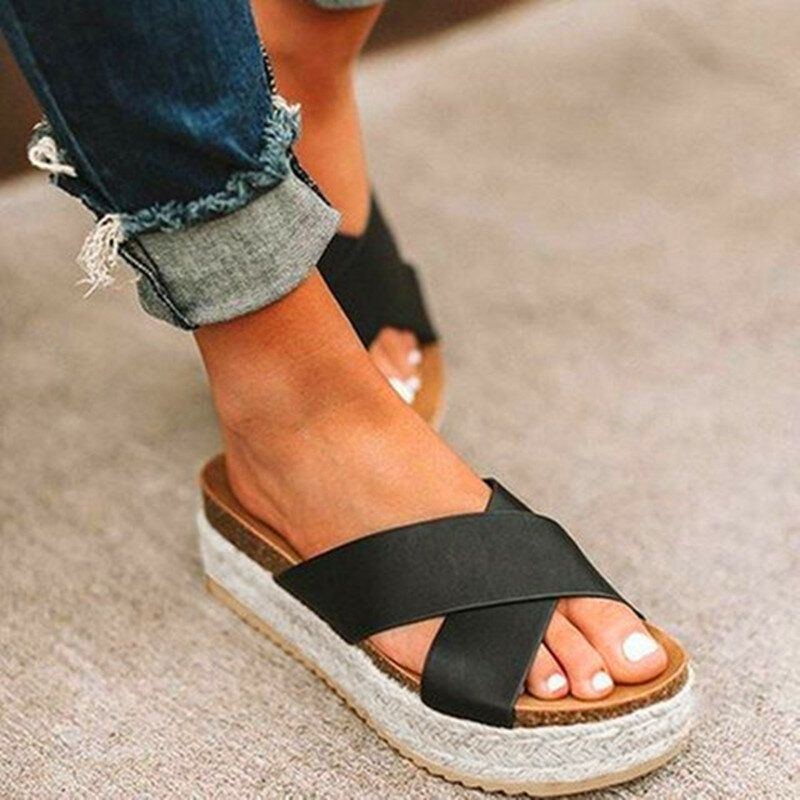 Damen Open Toe Espadrilles Cross Belt Sommer Plateau Sandalen