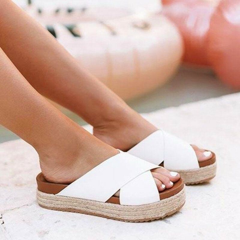 Damen Open Toe Espadrilles Cross Belt Sommer Plateau Sandalen