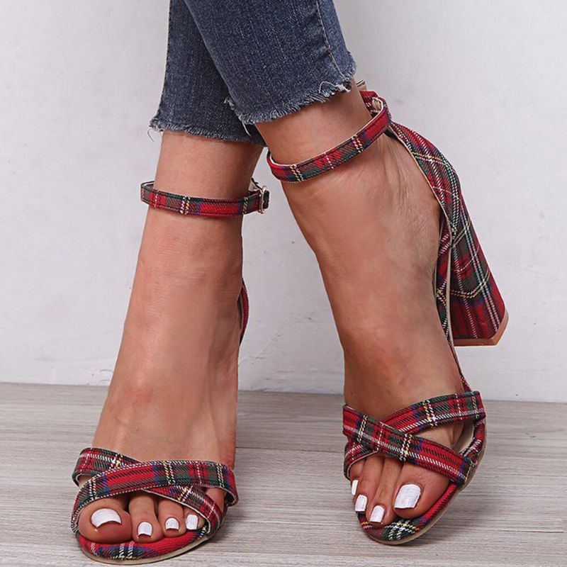 Damen Plus Size Lattice Chunky Heel Peep Toe Buckle Sommer Sandaletten