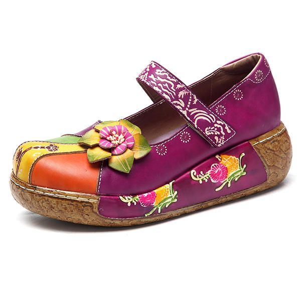 Damen Retro Bunte Leder Handgefertigte Blumen Flache Schuhe