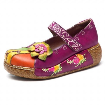 Damen Retro Bunte Leder Handgefertigte Blumen Flache Schuhe