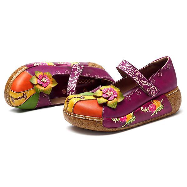 Damen Retro Bunte Leder Handgefertigte Blumen Flache Schuhe