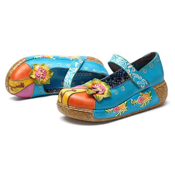 Damen Retro Bunte Leder Handgefertigte Blumen Flache Schuhe