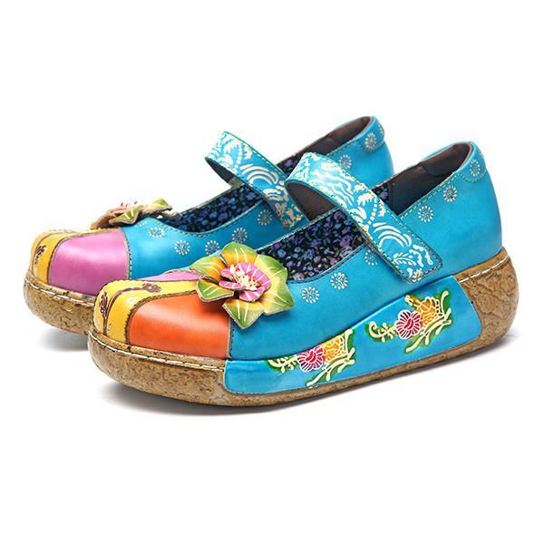 Damen Retro Bunte Leder Handgefertigte Blumen Flache Schuhe