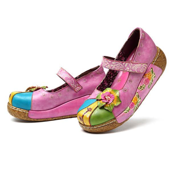 Damen Retro Bunte Leder Handgefertigte Blumen Flache Schuhe