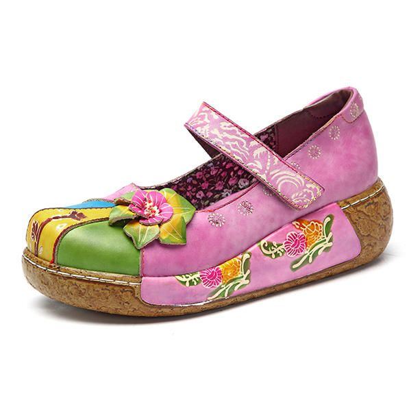 Damen Retro Bunte Leder Handgefertigte Blumen Flache Schuhe