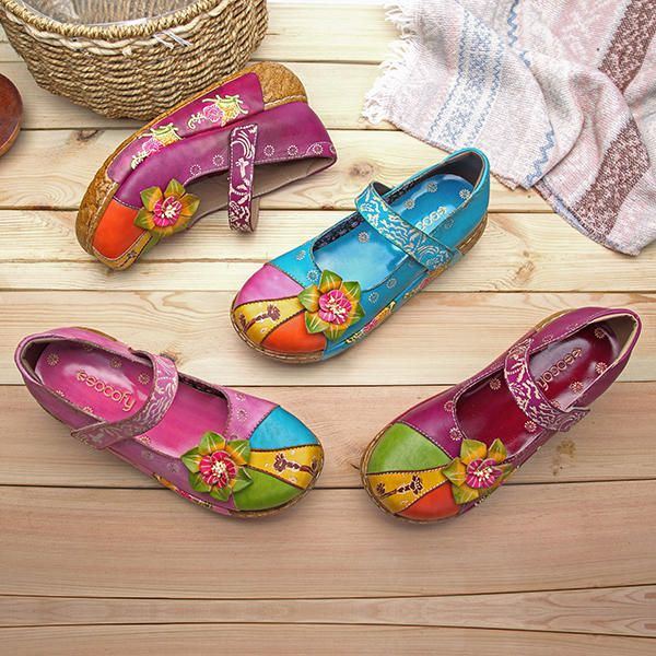 Damen Retro Bunte Leder Handgefertigte Blumen Flache Schuhe