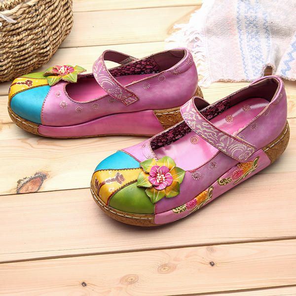 Damen Retro Bunte Leder Handgefertigte Blumen Flache Schuhe