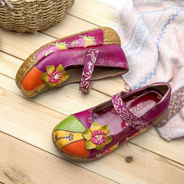 Damen Retro Bunte Leder Handgefertigte Blumen Flache Schuhe