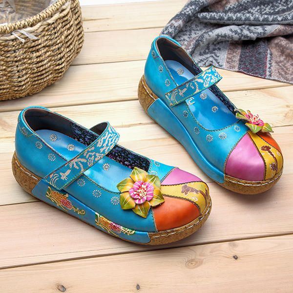 Damen Retro Bunte Leder Handgefertigte Blumen Flache Schuhe