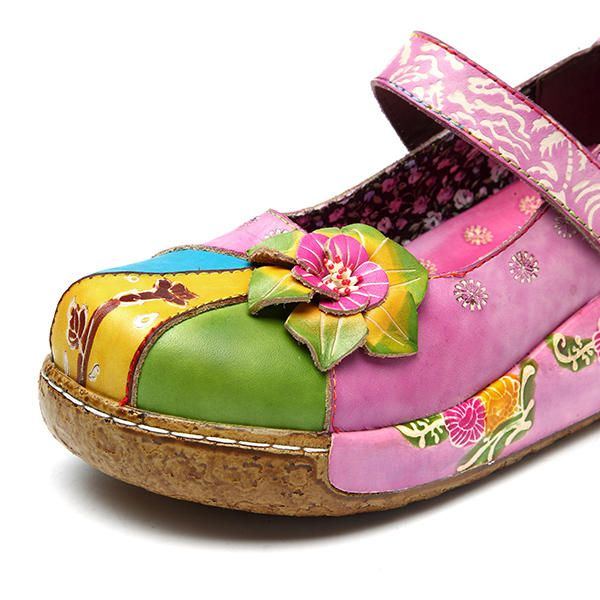 Damen Retro Bunte Leder Handgefertigte Blumen Flache Schuhe