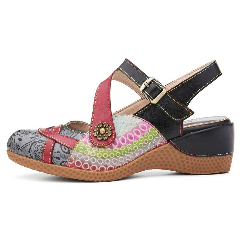 Damen Retro Leder Slingback Pantoletten Mit Keilabsatz Und Blumenbemalung