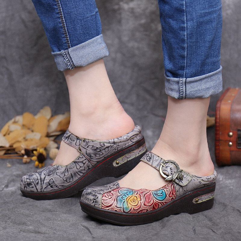 Damen Retro Schuhe Aus Echtem Leder Mit Geprägten Rosenmetallblättern Und Schnallenriemen