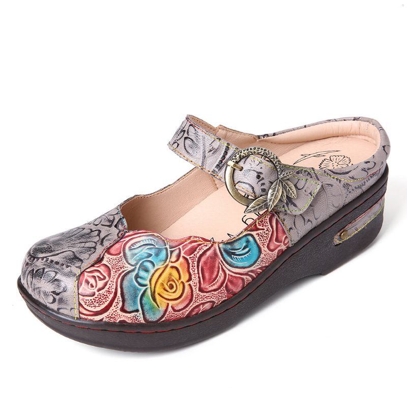 Damen Retro Schuhe Aus Echtem Leder Mit Geprägten Rosenmetallblättern Und Schnallenriemen