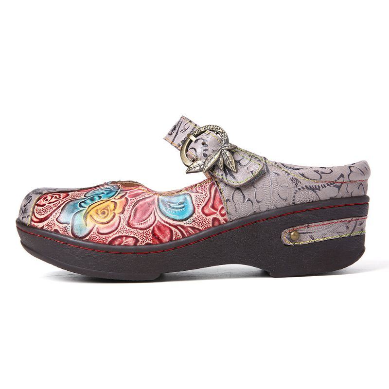 Damen Retro Schuhe Aus Echtem Leder Mit Geprägten Rosenmetallblättern Und Schnallenriemen