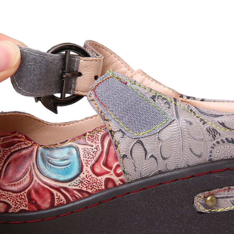 Damen Retro Schuhe Aus Echtem Leder Mit Geprägten Rosenmetallblättern Und Schnallenriemen