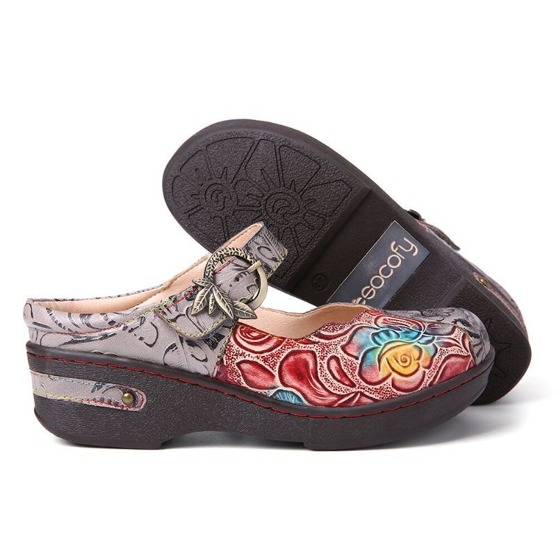 Damen Retro Schuhe Aus Echtem Leder Mit Geprägten Rosenmetallblättern Und Schnallenriemen