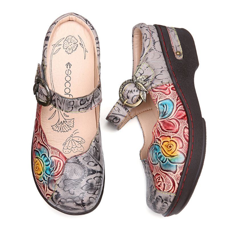 Damen Retro Schuhe Aus Echtem Leder Mit Geprägten Rosenmetallblättern Und Schnallenriemen