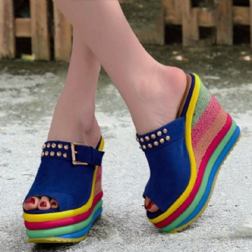 Damen Rivet Rainbow Colorful Buckle Peep Toe Summer Beach Wedge Plateau Sandalen