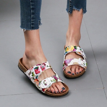 Damen Sandalen Mit Doppelter Schnalle Und Blumenmuster Und Korkfußbett