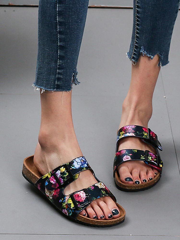 Damen Sandalen Mit Doppelter Schnalle Und Blumenmuster Und Korkfußbett