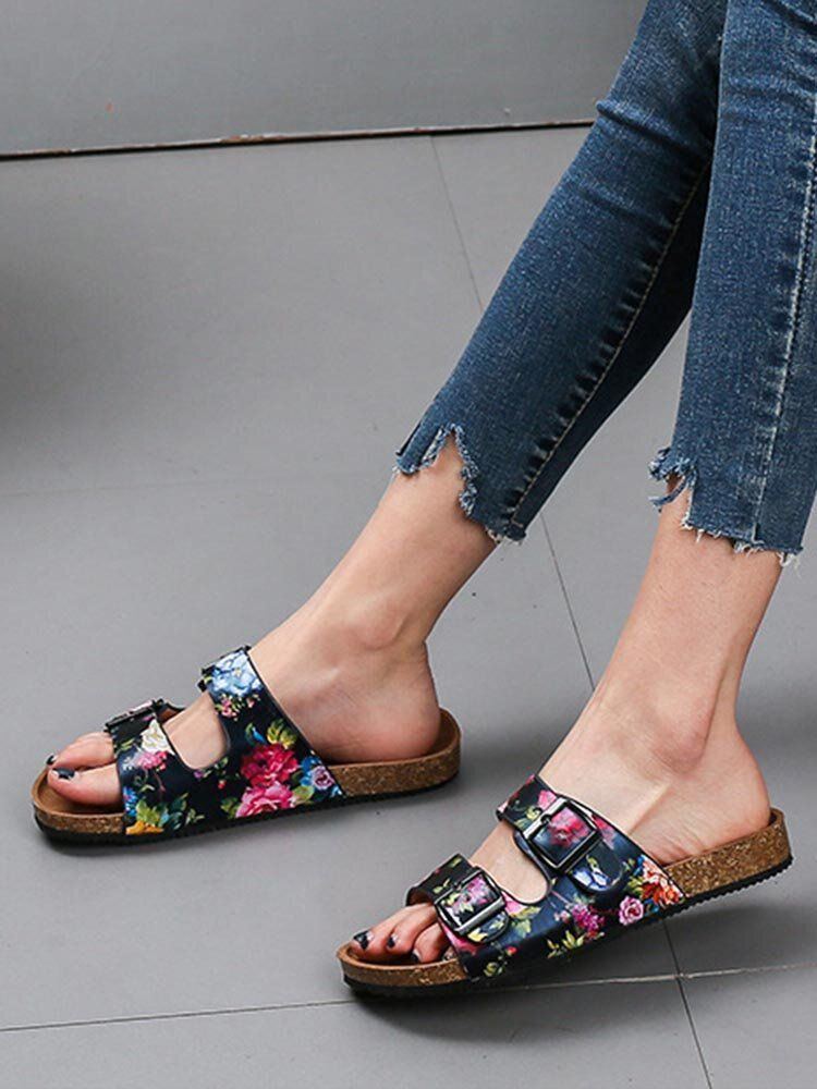 Damen Sandalen Mit Doppelter Schnalle Und Blumenmuster Und Korkfußbett