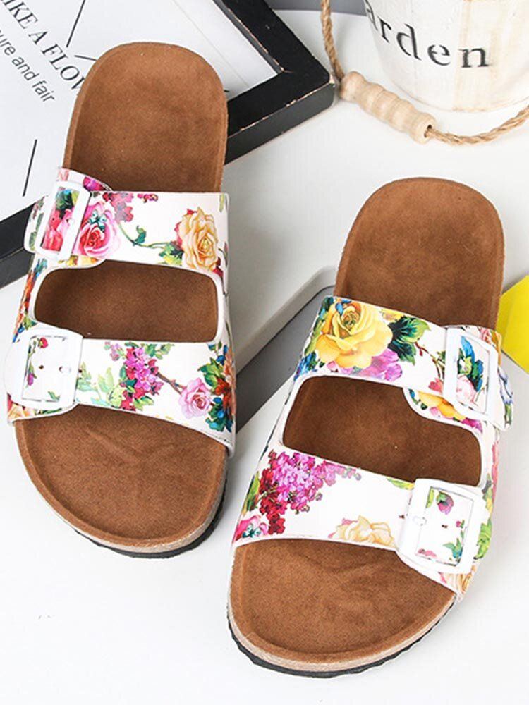 Damen Sandalen Mit Doppelter Schnalle Und Blumenmuster Und Korkfußbett