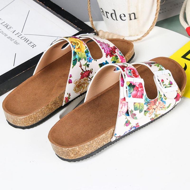 Damen Sandalen Mit Doppelter Schnalle Und Blumenmuster Und Korkfußbett