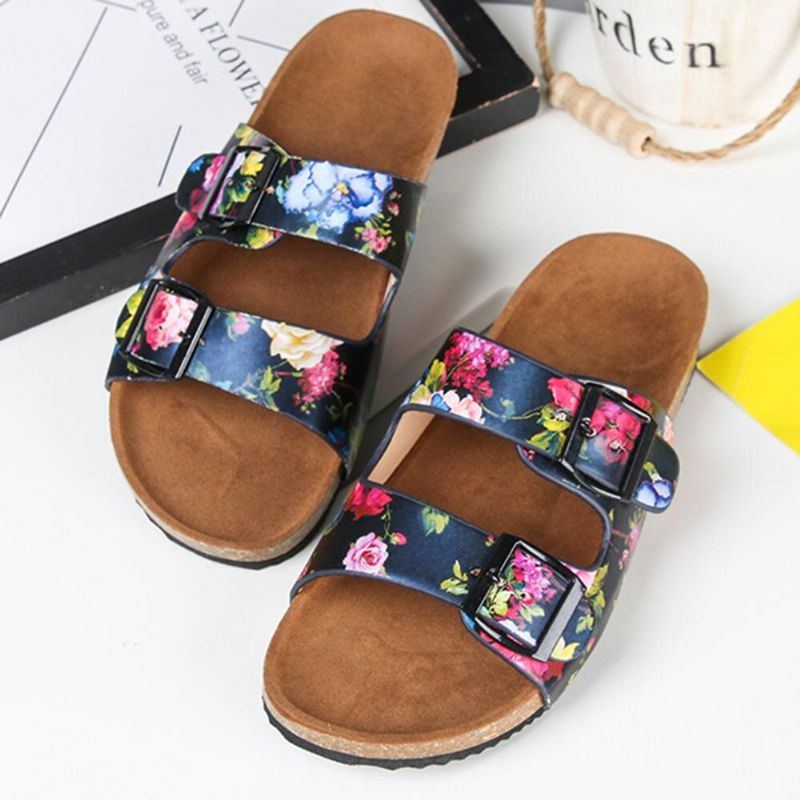 Damen Sandalen Mit Doppelter Schnalle Und Blumenmuster Und Korkfußbett