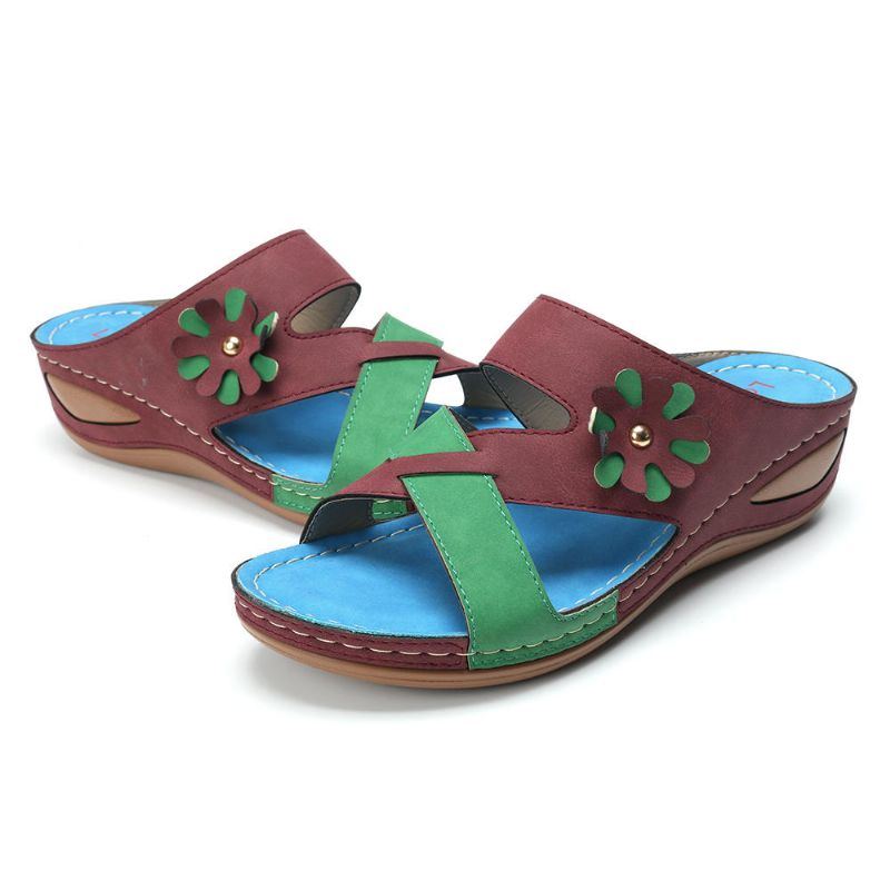 Damen Sandalen Mit Keilabsatz Groß Blumenmuster Bequem Mit Farbnähten