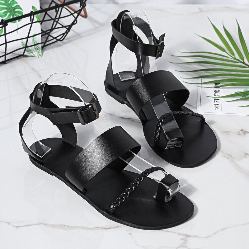 Damen Sommer Roman Black Clip Toe Buckle Strap Flache Sandalen