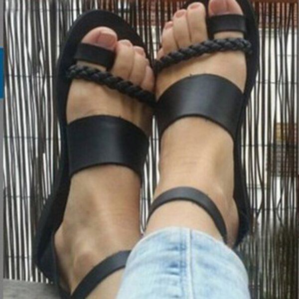 Damen Sommer Roman Black Clip Toe Buckle Strap Flache Sandalen